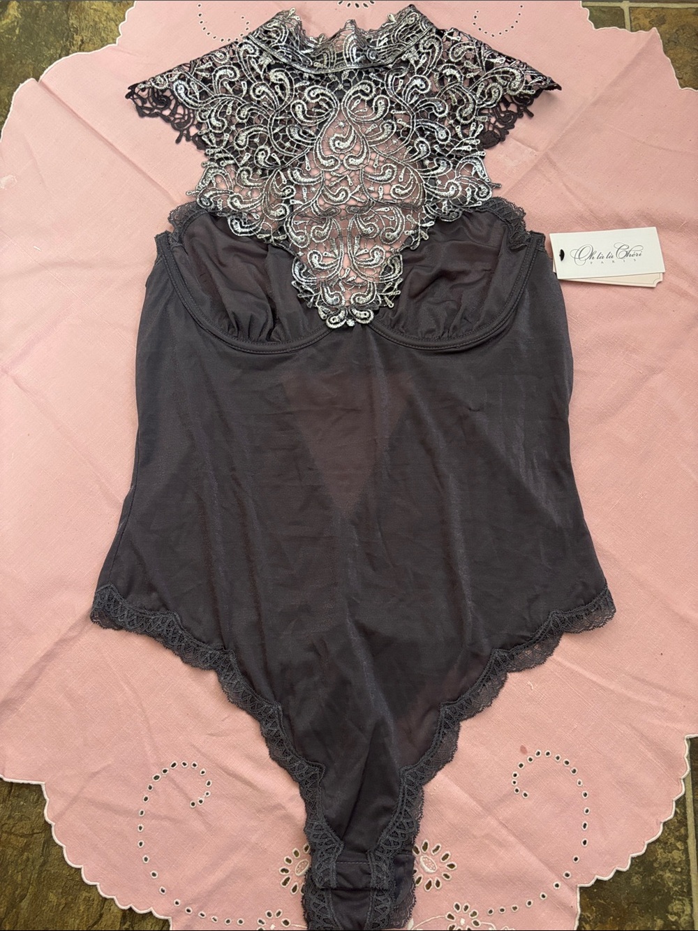Sheer grey  Lace Appliqué Bodysuit